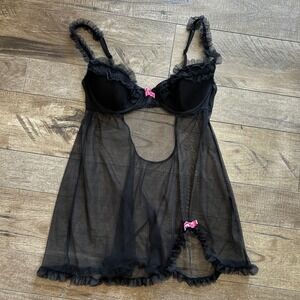 Victoria's Secret Black Mesh Ruffle Babydoll Slip Pink Bows 36C Lingerie